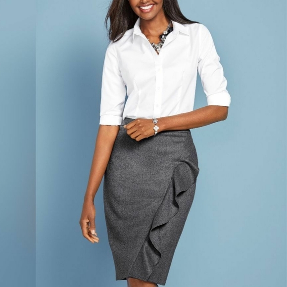 Talbots Dresses & Skirts - TALBOTS Black Ivory Tweed Wool Skirt Cascading Ruffle Pencil Skirt Workwear